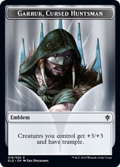 Emblem Garruk Cursed Huntsman Throne of Eldraine Magic card