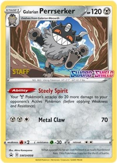 Galarian Perrserker - SWSH008 (Prerelease) [Staff] SWSH: Sword & Shield Promo Cards Pokemon card