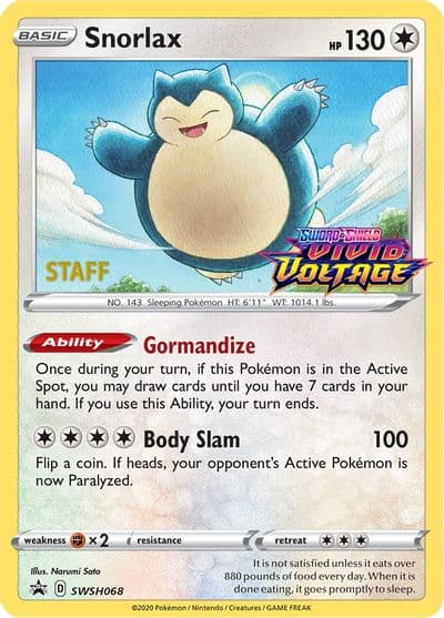 Snorlax - SWSH068 (Prerelease) [Staff] SWSH: Sword & Shield Promo Cards Pokemon card