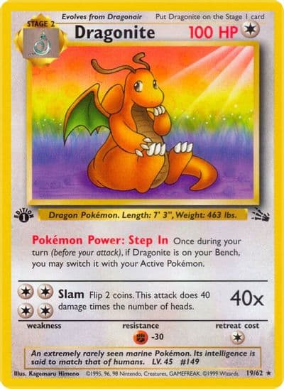 Dragonite (19) Fossil Pokemon card