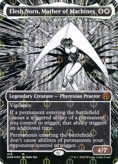 Elesh Norn Mother of Machines Borderless Step and Compleat Foil Phyrexia: All Will Be One Magic card