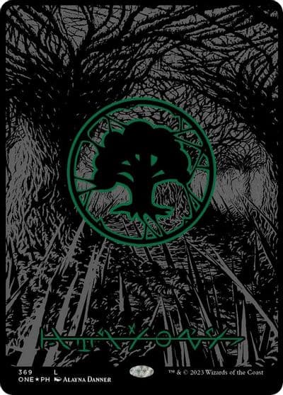 Forest Phyrexian Full Art Oil Slick Raised Foil Phyrexia: All Will Be One Magic card