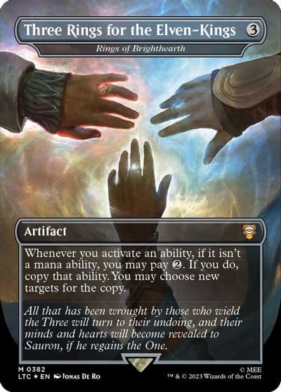 Three Rings for the Elven Kings Rings of Brighthearth Borderless Surge Foil Commander: The Lord of the Rings: Tales of Middle-earth Magic card