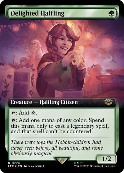 Delighted Halfling Extended Art Surge Foil Universes Beyond: The Lord of the Rings: Tales of Middle-earth Magic card