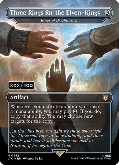 Three Rings for the Elven Kings Rings of Brighthearth Borderless Serial Numbered Commander: The Lord of the Rings: Tales of Middle-earth Magic card