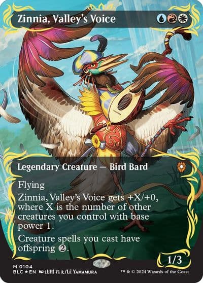 Zinnia Valleys Voice Borderless Raised Foil Commander: Bloomburrow Magic card