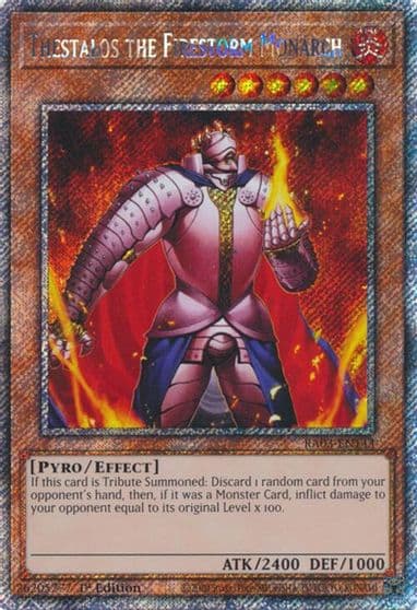 Thestalos the Firestorm Monarch Platinum Secret Rare Quarter Century Bonanza Yu-Gi-Oh! card
