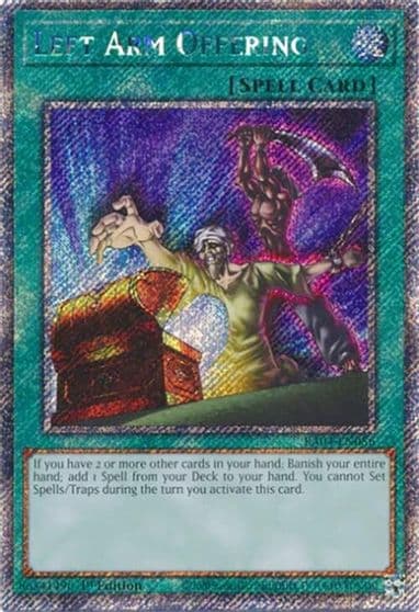 Left Arm Offering Platinum Secret Rare Quarter Century Stampede Yu-Gi-Oh! card