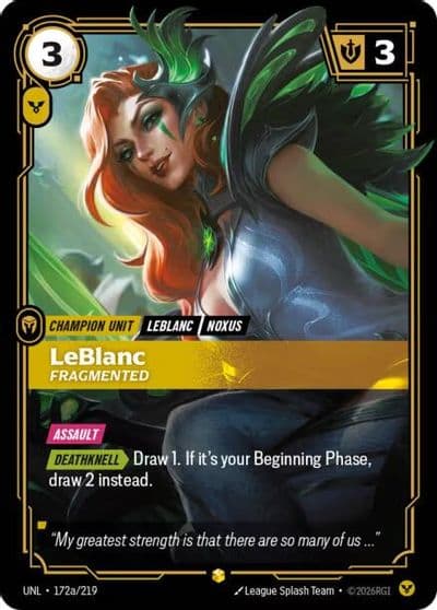 LeBlanc Fragmented Alternate Art Unleashed Riftbound card