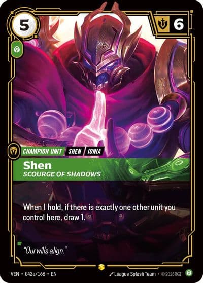 Shen Scourge of Shadows Alternate Art Vendetta Riftbound card