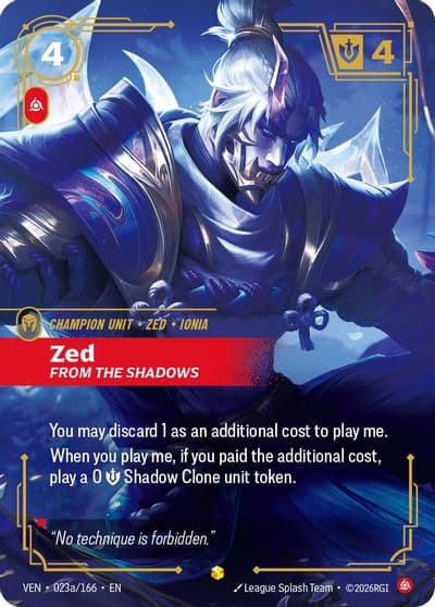 Zed From the Shadows Alternate Art Vendetta Riftbound card