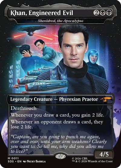 Khan Engineered Evil Sheoldred the Apocalypse Borderless Star Trek: Stardates Magic card