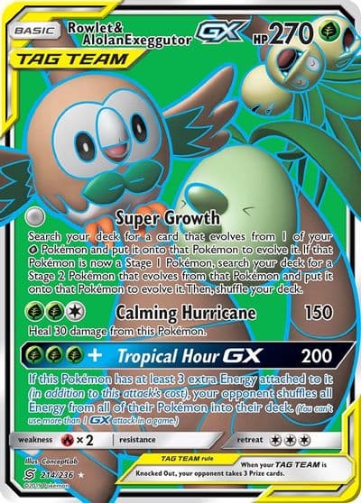 Rowlet & Alolan Exeggutor GX (Full Art) SM - Unified Minds Pokemon card