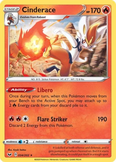 Cinderace (034) SWSH01: Sword & Shield Base Set Pokemon card