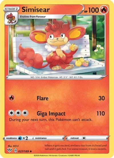 Simisear SWSH03: Darkness Ablaze Pokemon card