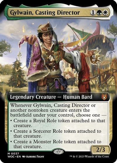 Gylwain Casting Director Extended Art Commander: Wilds of Eldraine Magic card