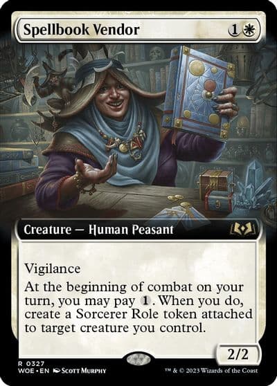 Spellbook Vendor Extended Art Wilds of Eldraine Magic card
