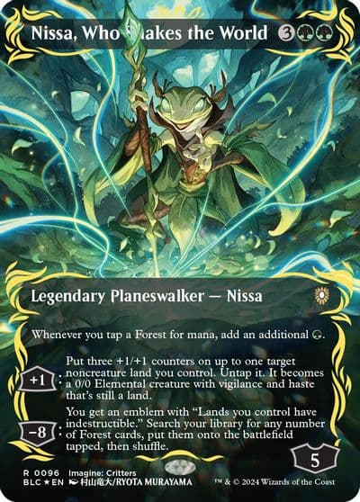 Nissa Who Shakes the World Borderless Raised Foil Commander: Bloomburrow Magic card