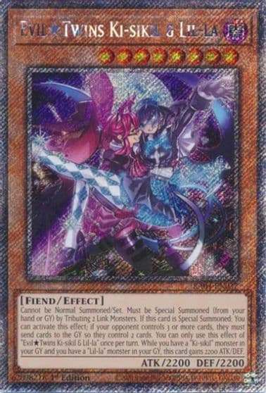 Evil Twins Ki sikil and Lil la Platinum Secret Rare Quarter Century Stampede Yu-Gi-Oh! card