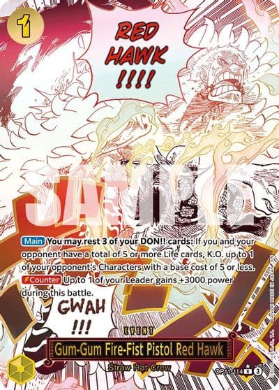 Gum Gum Fire Fist Pistol Red Hawk Alternate Art A Fist of Divine Speed One Piece card