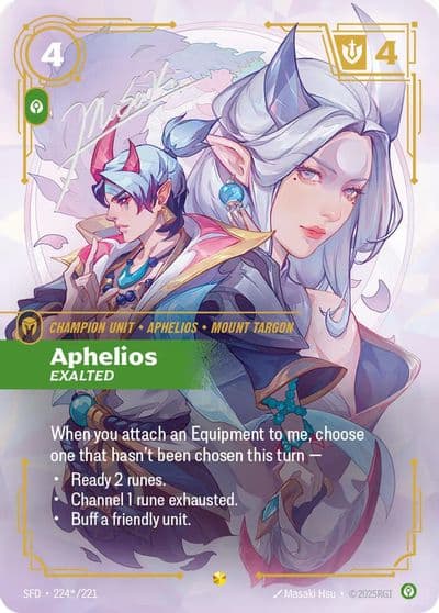 Aphelios Exalted Signature Spiritforged Riftbound card